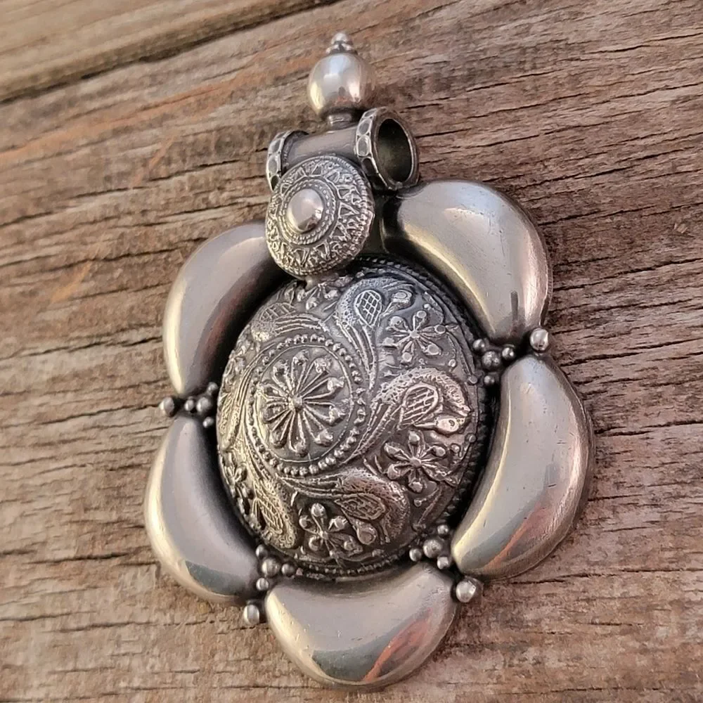 Vintage Sterling Large Boho Tribal Bird Repousee Statement Pendant